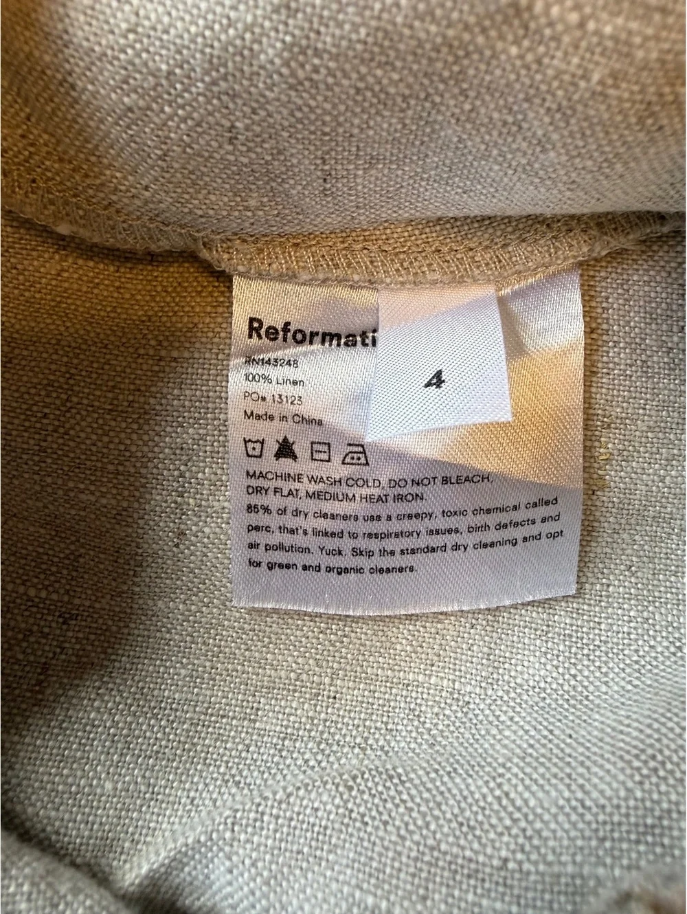 Reformation 100% Linen Wide Leg Pants Beige Natural Size 4 High Rise Relaxed EUC